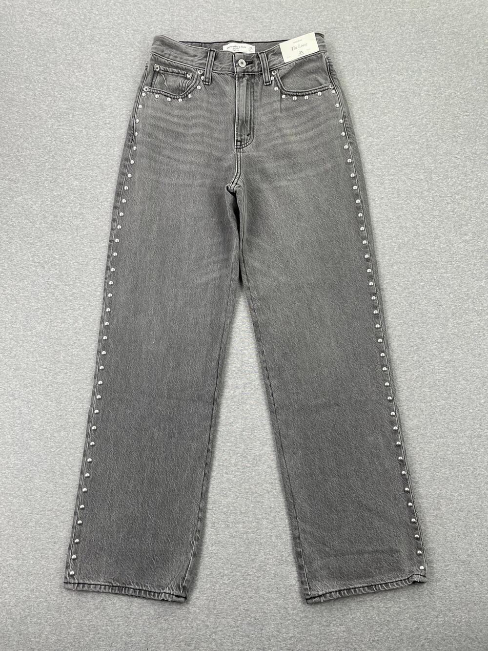 Abercrombie & Fitch High Rise Loose Jeans Womens 25 Gray Studded Denim NWT